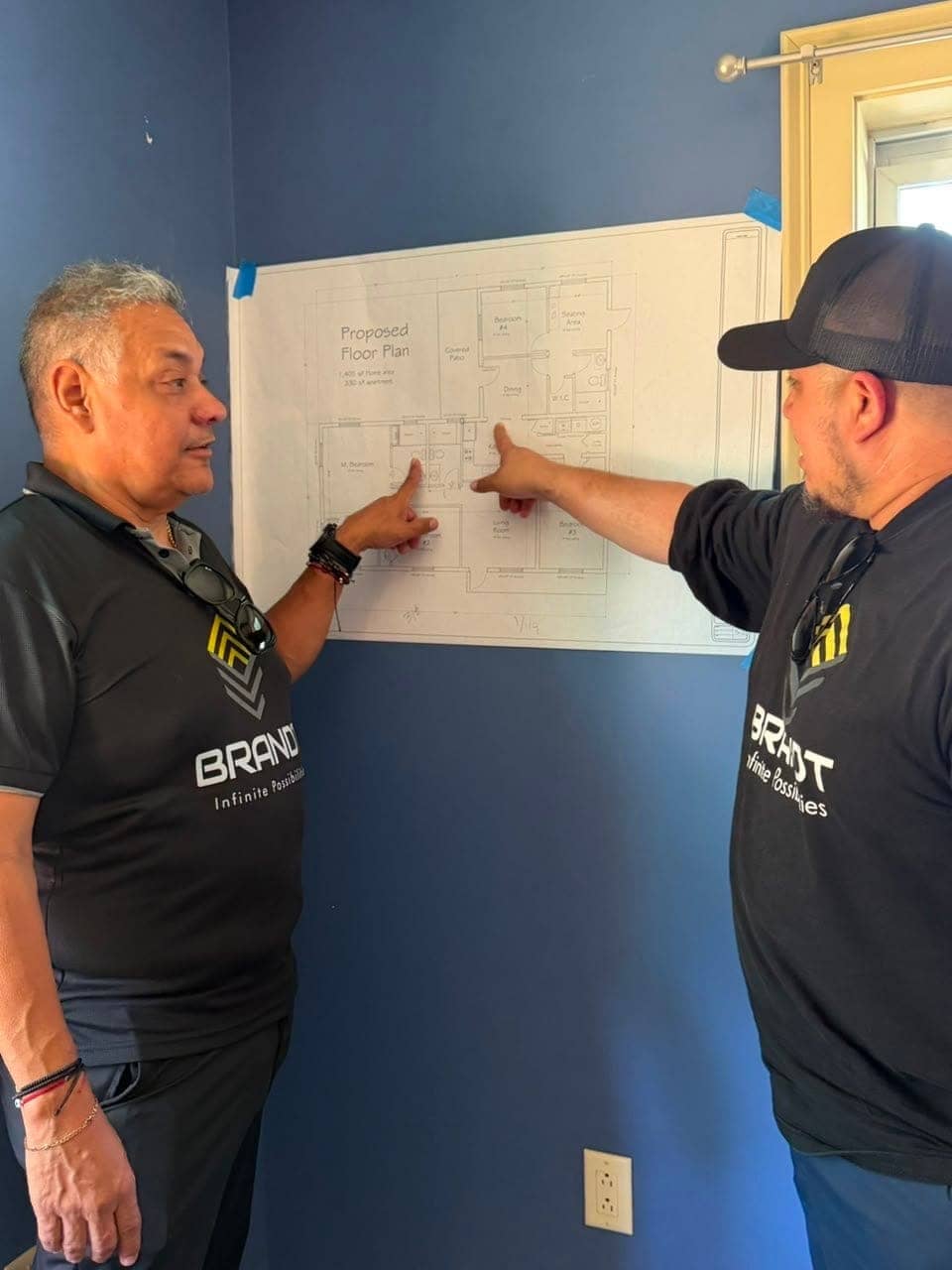 Brandt team reviewing a proposed floor plan
